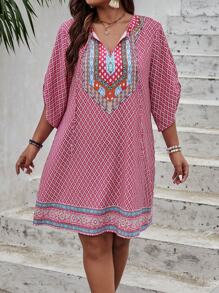 Breezaya Của phụ nữ Kích thước lớn Ngẫu nhiên In Đầm - Màu Hồng Tươi - Xem 5