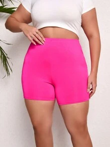 Plus Size Women Solid Color Skinny Leggings Shorts - Hot Pink - View 1