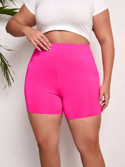 Shorts Legging Slim de Cor Sólida Plus Size para Mulheres