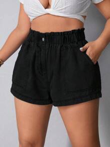 SHEIN LUNE Plus Size Elastic Waist Slanted Pocket Cuffed Denim Shorts - Black - View 7