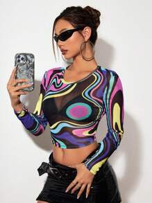 SHEIN ICON Women's Y2k Music Festival Spring Outfits Rave Outfits Sheer Striped Print Long Sleeve Top - Multicolor - View 5