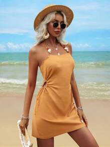 Breezaya Summer Strapless Beaded Splicing Holiday Women's Dress - Yellow - View 5