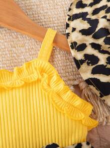 Baby Girl Summer Leopard Pattern Splice & Frilled Spaghetti Strap Dress - Yellow - View 4