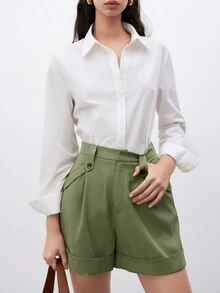 SHEIN Unity 女士實色鈕扣口袋短褲 - 軍綠色 - 查看 6