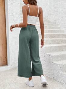 SHEIN Frenchy Ladies' Summer Contrast Lace Crop Top With Spaghetti Strap And Pants Casual Two-Piece Set Green - Dark Green - View 2
