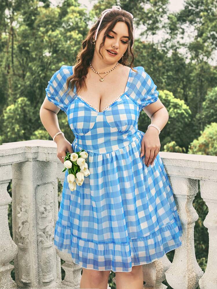 Plus Size Women's Blue & White Plaid Lace Patchwork A-Line Dress For Summer