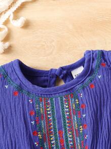 New Arrival Baby Girl Floral Embroidery Off-Shoulder Neckline Casual Dress For Spring - Blue - View 5