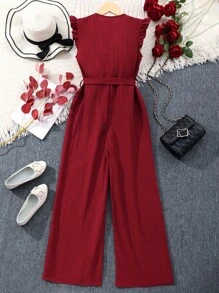 Teen Girl Solid Color Tube Top Jumpsuit With Shoulder Straps Summer Holiday - Burgundy - View 2