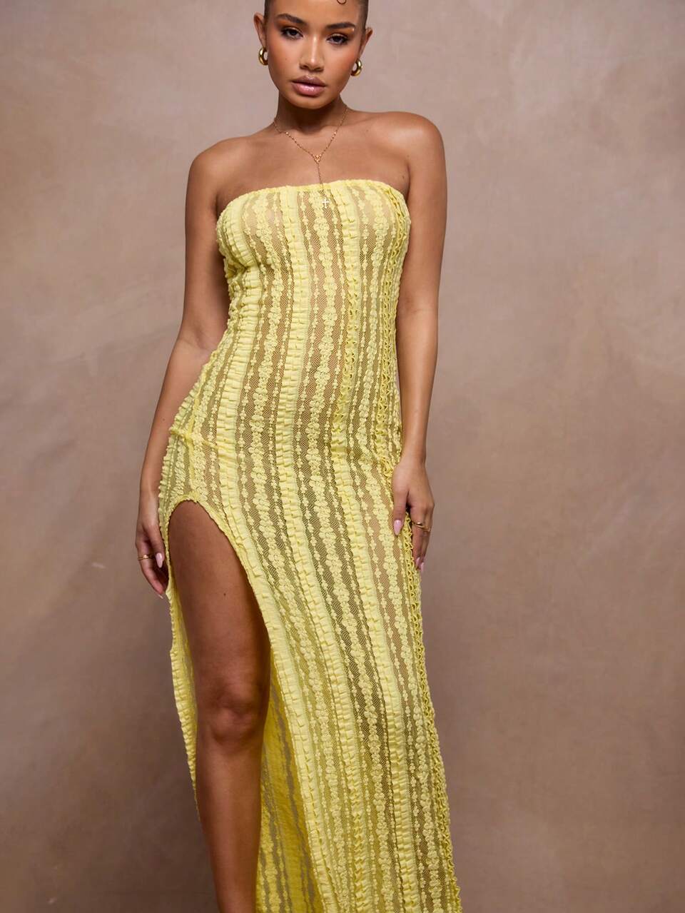 Yellow Summer Elegant Vacation Floral Lace Sheer Bandeau Split Maxi Dress, Beach Sun Dress,Wedding Guest Graduation Prom Cute Long Dress