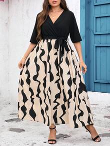 SHEIN Clasi Plus Size Color Block V-Neck Spring Summer A-Line Dress - Apricot - View 5