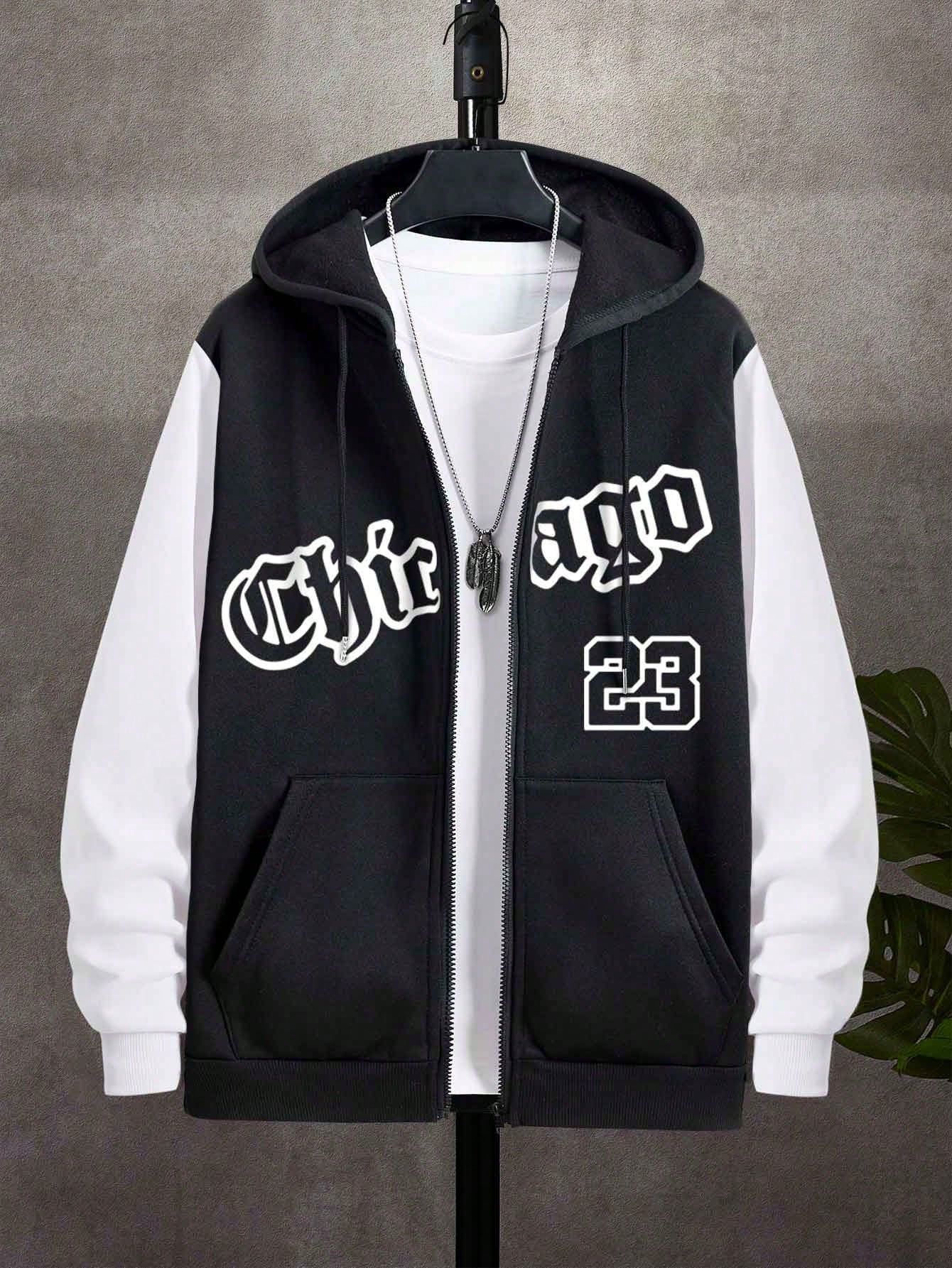 Manfinity Dauomo Men's Casual Hoodie With Letter Printed, Color Block Design, Zippered Placket