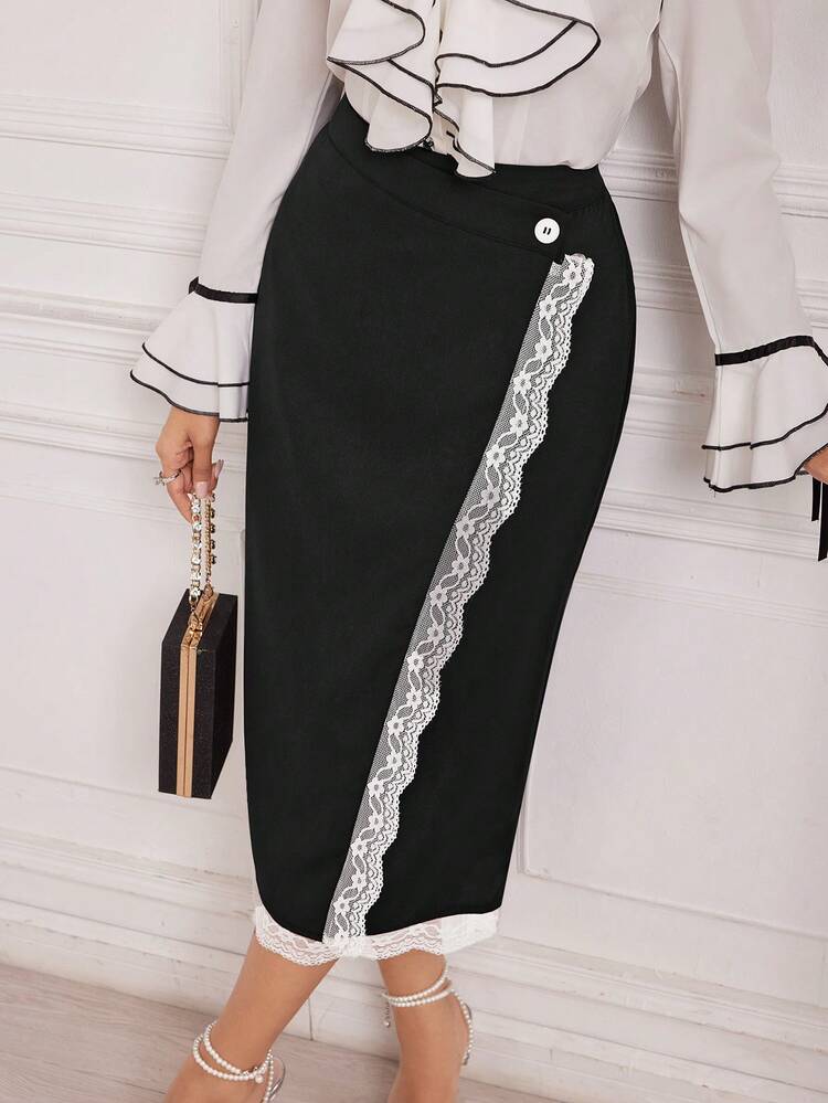 Women's Elegant Lace Splicing Mid-Length A-Line Skirt