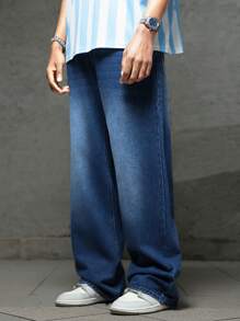 Men's Blue Casual Wide Leg Jeans For Daily Wear - Medium Wash - View 1