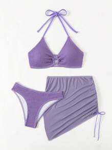 SHEIN Swim Summer Solid Texture Drawstring Ruched Swimwear, 3pcs/Set - Purple - View 5