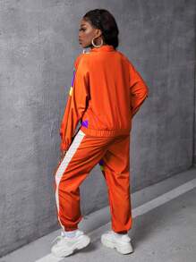 Slaydiva Women's Color-Blocked Jacket And Long Pants Athletic Tracksuit, Suitable For Spring - Orange - View 2