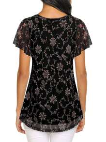 CheersLife 女式短袖束腰上衣花朵雙層休閒時尚衣服襯衫