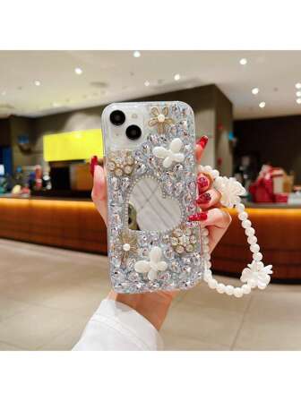 Valentines Y2k With Phone Charm Thickened And Anti-Drop New Fashionable Handmade Drop Glue Love Mirror Rhinestone Faux Pearl Butterfly Metal Flower Mobile Phone Case For Women With Faux Pearl And Bowknot Hanging Rope Waterproof Shockproof Scratch Resistant