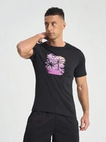 Manfinity Sport Corelite 男友风男士夏季休闲椰子树印花短袖运动T恤 - 黑色 - 查看 4