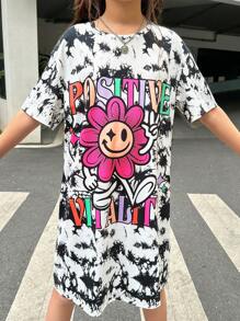 SHEIN Tween Girls' Cool And Sweet Sports Tie Dye Knitted Short Sleeve Dress For Spring/Summer - Multicolor - View 5