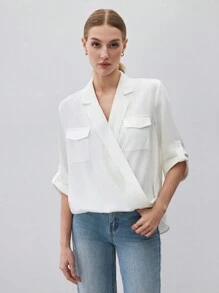 BizChic Women's Casual White V-Neck Rolled Sleeve Loose Fit Summer Blouse - White - View 8