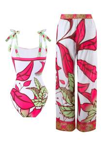 Swim Oasis Summer Beach & Pool Plant Printed One-Piece Swimsuit With Cover-Up Long Pants Set - Multicolor - View 2