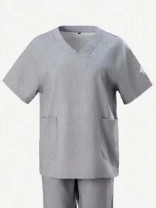 V-Neck Short Sleeve Pocket Top And Long Pants Scrub Uniform Set - Grey - View 5