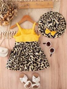 Baby Girl Summer Leopard Pattern Splice & Frilled Spaghetti Strap Dress - Yellow - View 2