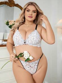 2pcs/Set Plus Size Sexy Lace Wireless Bra And Panties Set For Women, Lingerie - Black and White - View 4