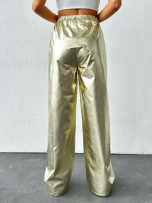 EURMUSE Women's Metallic Elastic Waist Straight Pants - Gold - View 2