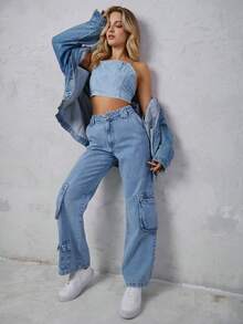 SHEIN 輕度水洗藍牛仔後背繫帶吊帶上衣 - 藍色 - 查看 7