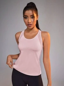 Easithlete 女式夏季纯色圆领休闲运动背心修身衬衫 - 粉色 - 查看 5