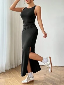 SHEIN EZwear Vestido de Mujer Sencillo de unicolor sin Mangas y Abertura - Negro - Ver 5