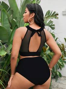 Swim Vcay Plus Size Summer Beach Solid Color Top & Bikini Set Bottom Two-Piece Bikini Set - Black - View 2