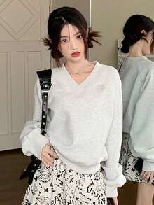 字母刺绣插肩袖套头衫，长袖上衣 - 灰色 - 查看 7