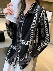 2025春季新款宽松印花个性衬衫 - 长袖时尚通勤雪纺圣诞衬衫（女款）休闲 - 黑色 - 查看 4