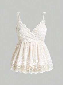 ROMWE Kawaii Plus Size Summer Floral Embroidery V-Neck Babydoll Cami Top With Ruffled Hem, School - Apricot - View 1