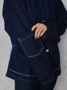 SHEIN Túi nghiêng Thả vai Áo khoác denim - Rửa tối - Xem 5