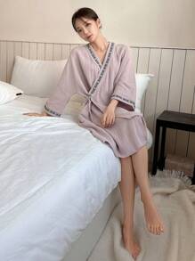 DAZY Phong cách Nhật  Kimono ÁO choàng mặc nhà Với Trang trí Dệt Ruy băng - Bụi tím - Xem 5