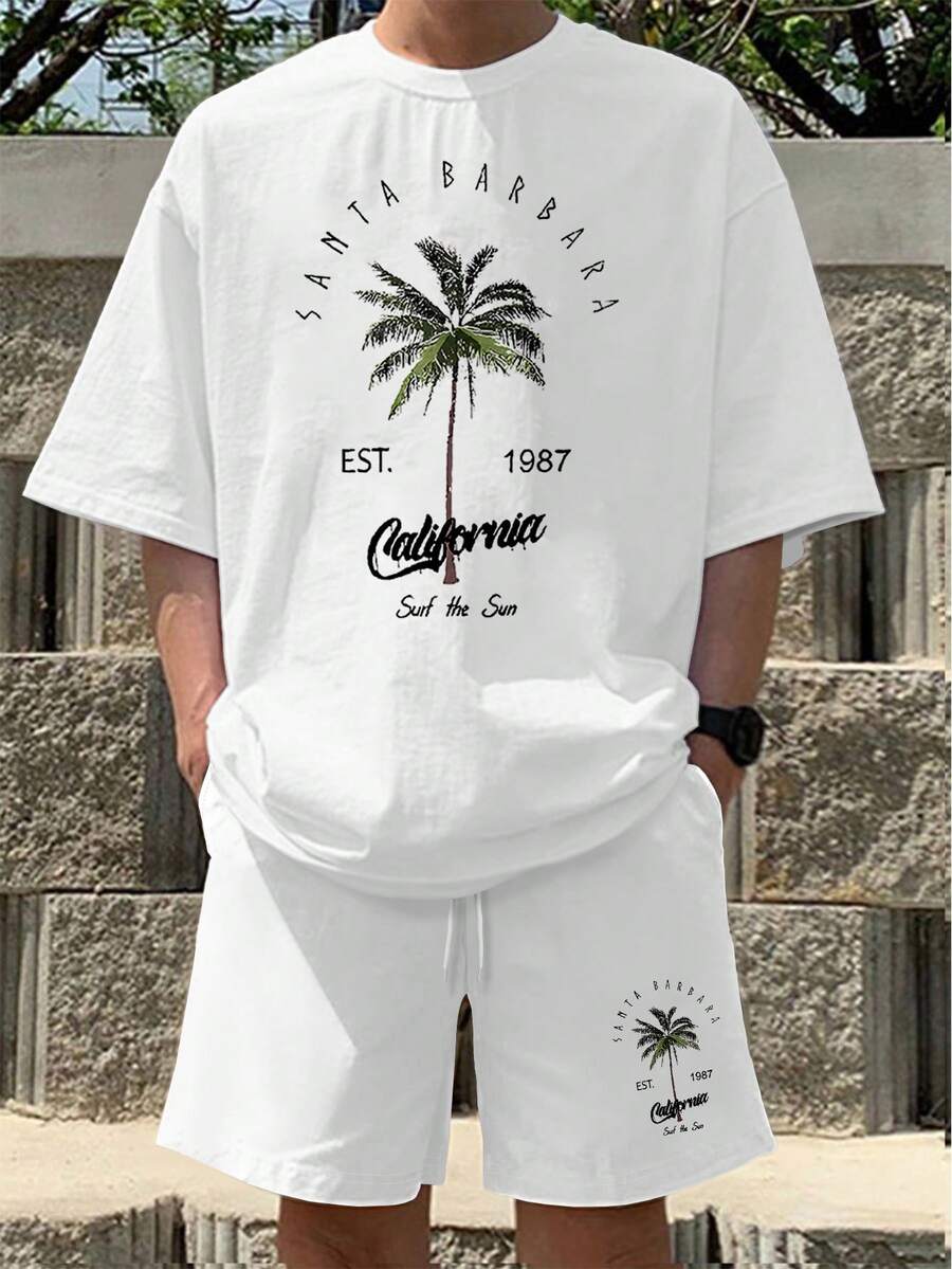 Manfinity RSRT Nam Cây dừa & Lá thư In Áo thun Và Bộ quần short - trắng - Xem 1