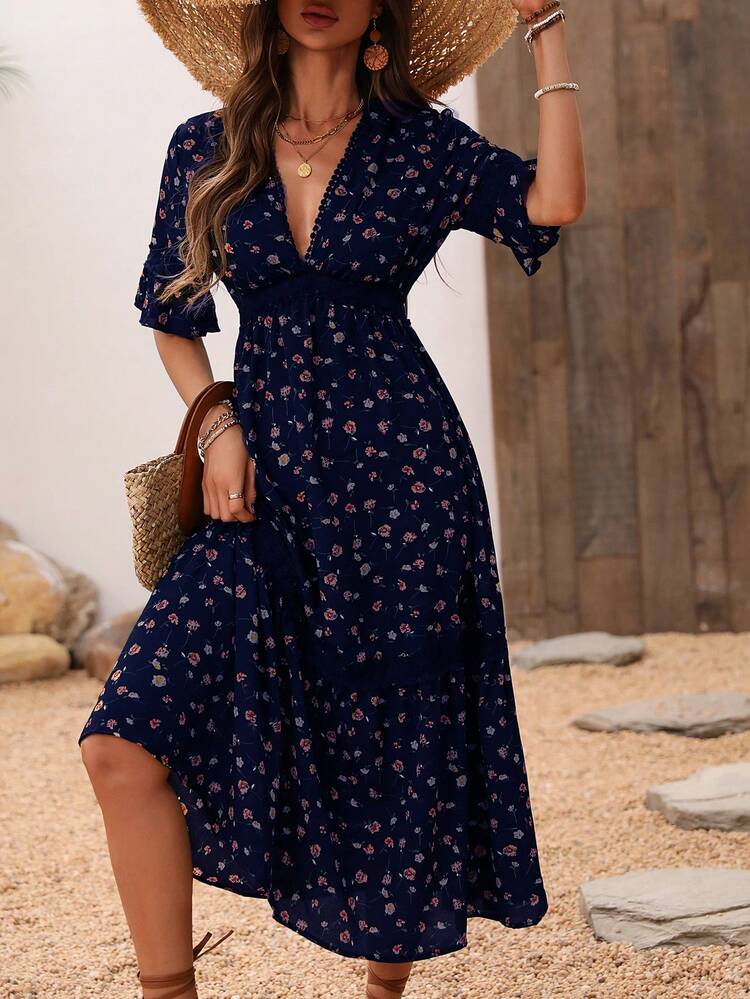 Summer Casual V-Neck Floral Printed Empire Waist Dress