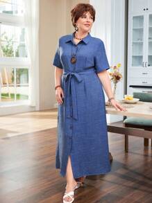 EMERY ROSE Plus Size Women's Short Sleeve Solid Color Shirt Dress For Summer - Blue - View 3