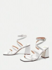 CUCCOO BIZCHIC Woman Shoes White Pu Square-Toe Belt Buckle Chunky Heel Sandals For Spring And Summer - White - View 10