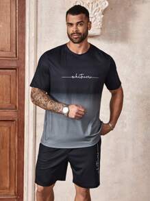 Manfinity Homme Men's Plus Size Gradient Letter Print Short Sleeve T-Shirt And Shorts Set - Multicolor - View 1