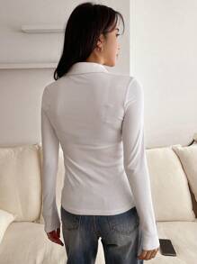 DAZY Ladies' Solid Color Ribbed Stripe Long Sleeve T-Shirt, Suitable For Spring And Summer,Fall Clothes - White - View 5
