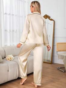 Women's Contrast Piping Pajama Set, Fall Winter Clothes - Champagne - View 2