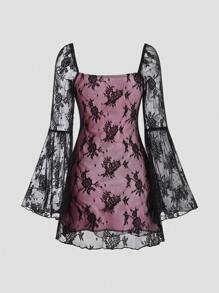 Sweetra 女士對比蕾絲搭接傘袖度假連衣裙