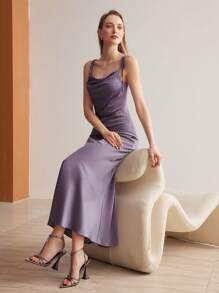 MOTF PREMIUM SATIN BOWKNOT SHOULDER STRAPS SLIP DRESS - Purple - View 2