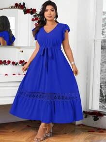 Cravure Plus Size Solid Color Lace Patchwork Ruffle Hem Dress For Summer Maxi Women Outfit Wedding