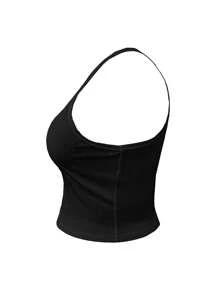 SHEIN Kích thước lớn Màu thuần Gân đan Áo ba lỗ - màu đen - Xem 3