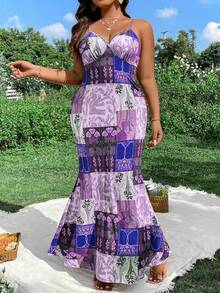 Flirla Plus Size Nữ Vintage & Thanh Lịch In Hoa Hở Lưng Spaghetti Dây Nàng Tiên Cá Viền Kỳ Nghỉ Hè Đầm - Màu tím - Xem 7